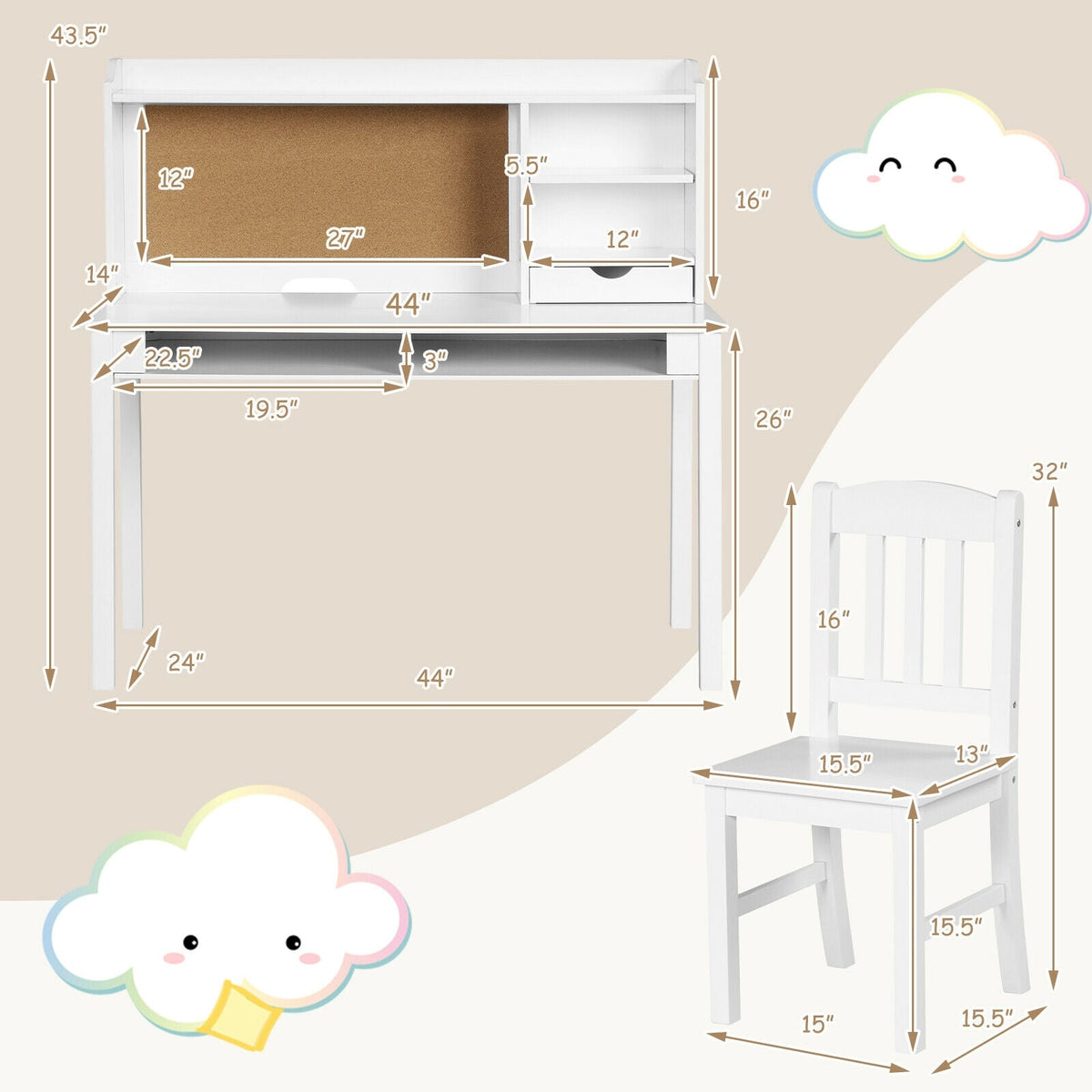 Kids Desk and Chair Set Study Writing Desk with Hutch and Bookshelves