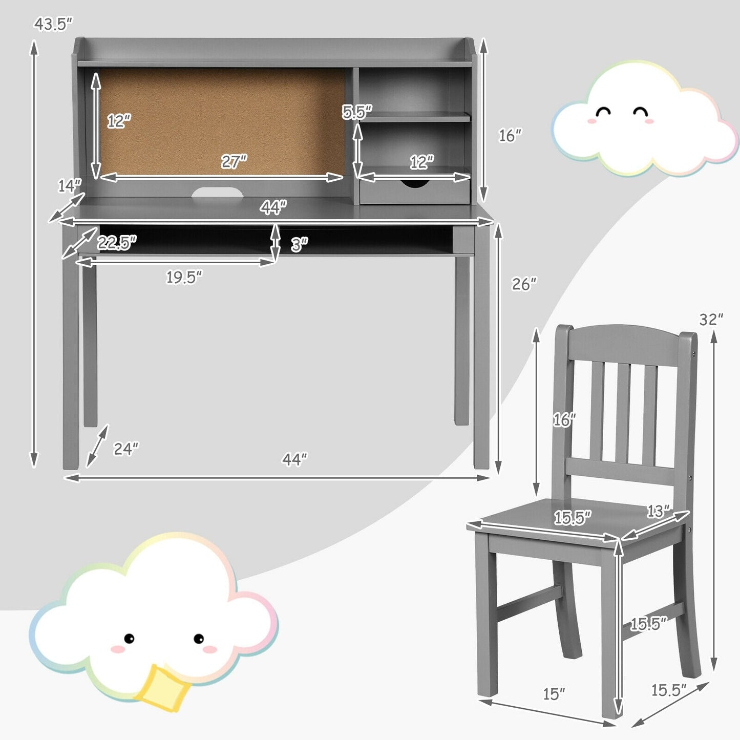 Kids Desk and Chair Set Study Writing Desk with Hutch and Bookshelves